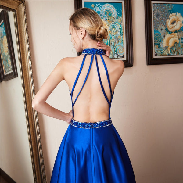 Halter Sleeveless A Line Satin Prom Dresses Open Back Sequined Floor Length Evening Dresses