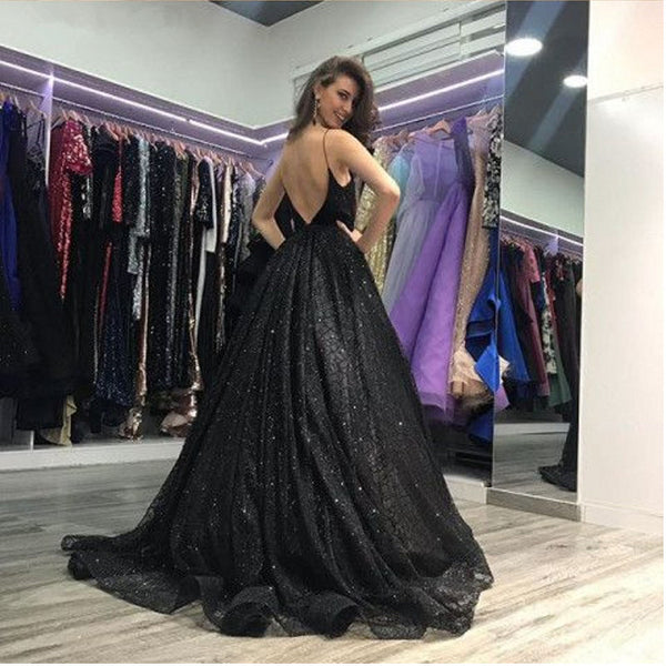 Spaghetti Straps Black V Neckline Backless Prom Dresses with Slit Black Sequined Elegant Evening Dress