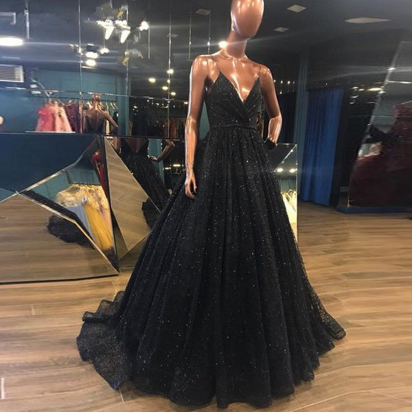 Spaghetti Straps Black V Neckline Backless Prom Dresses with Slit Black Sequined Elegant Evening Dress