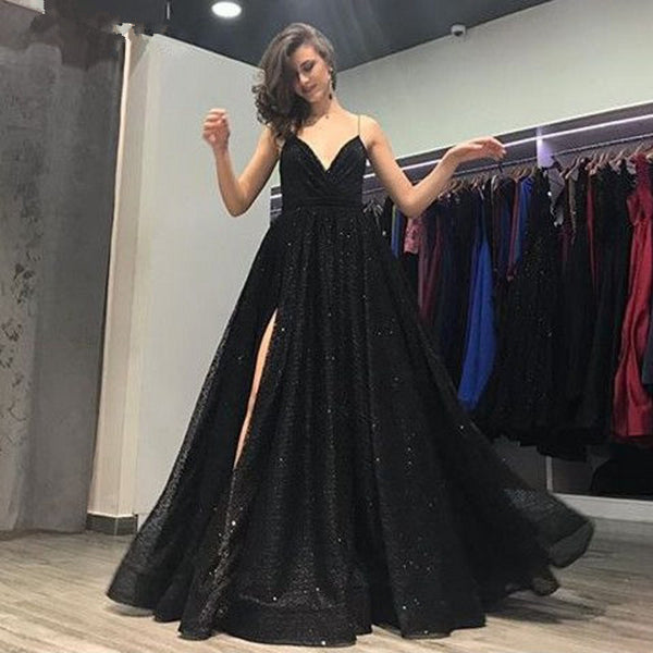 Spaghetti Straps Black V Neckline Backless Prom Dresses with Slit Black Sequined Elegant Evening Dress