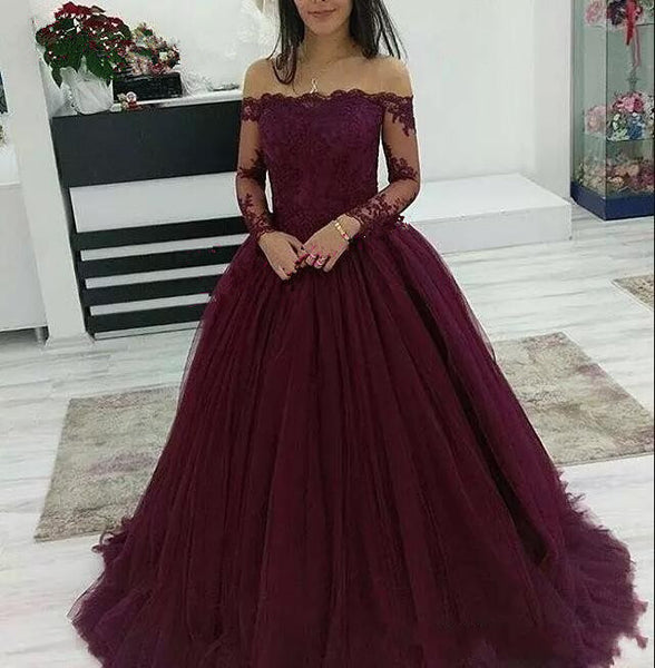 Burgundy Prom Dresses Off The Shoulder Lace Applique Long Sleeves Tulle Evening Dress