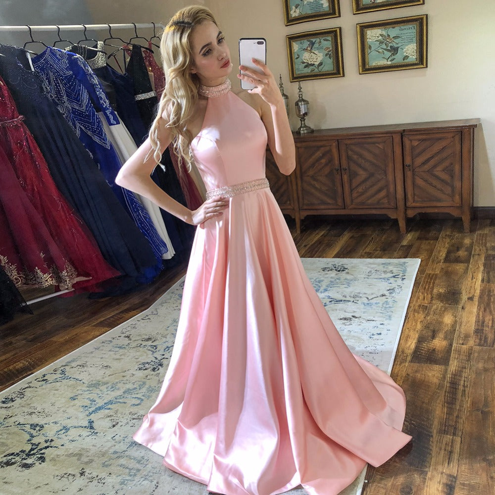 Blush Halter Long Prom Dresses Pink Beaded Halter Neck Satin Formal Ev Hoprom Blush Halter Long Prom Dresses Pink Beaded Halter Neck Satin Formal Ev Hoprom