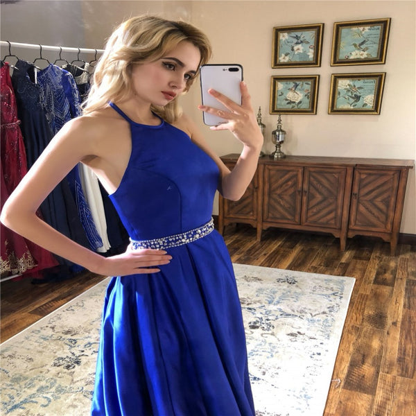 Halter Royal Blue Prom Dresses Stain Long Beaded Backless Evening Dress For Women