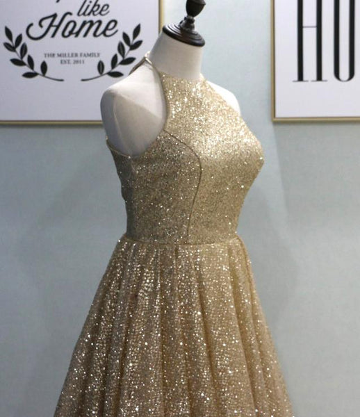 Champagne Sparkly Gold Sequin Prom Dresses Halter Evening Dress