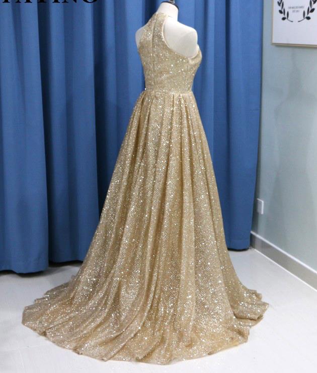Champagne Sparkly Gold Sequin Prom Dresses Halter Evening Dress – Hoprom