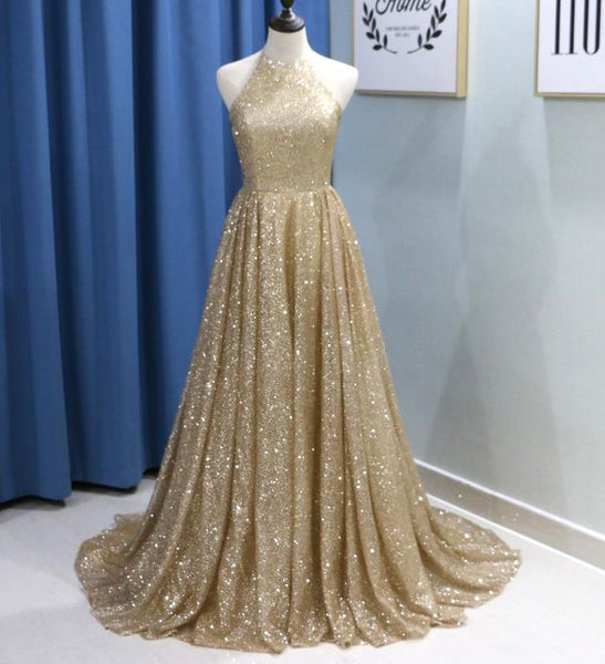 Champagne Sparkly Gold Sequin Prom Dresses Halter Evening Dress