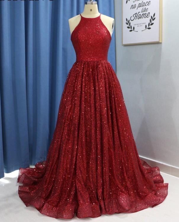 Red Sequin Glitter Prom Dresses Halter Off The Shoulder Evening Dress
