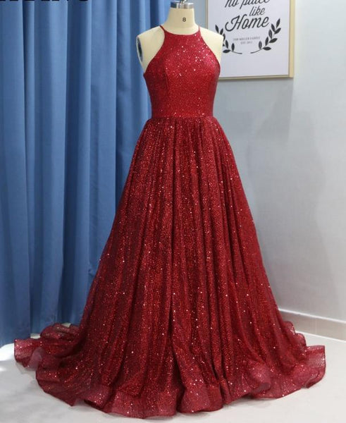 Red Sequin Glitter Prom Dresses Halter Off The Shoulder Evening Dress