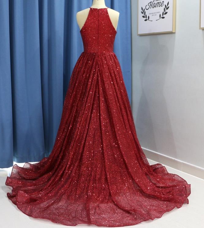 green emerald velvet dress Red Sequin Lace Prom Dress with Slit, Ruffled Off-The-Shoulder Evening Dress main image 1