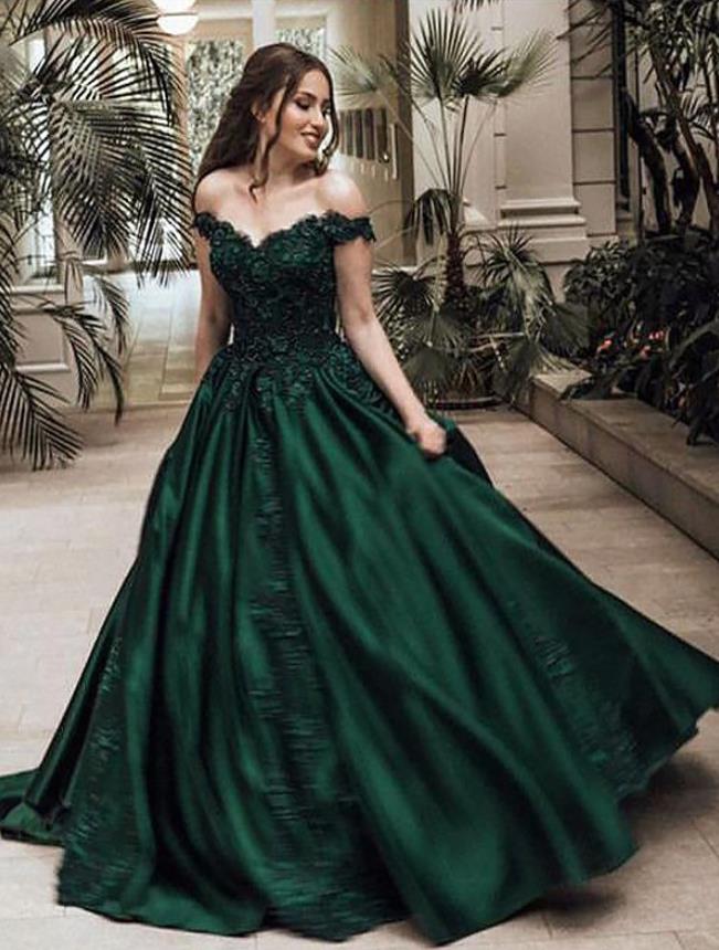 Dark Green Off The Shoulder Satin Prom Dresses Ball Gown Lace Applique Hoprom Dark Green Off The Shoulder Satin Prom Dresses Ball Gown Lace Applique Hoprom