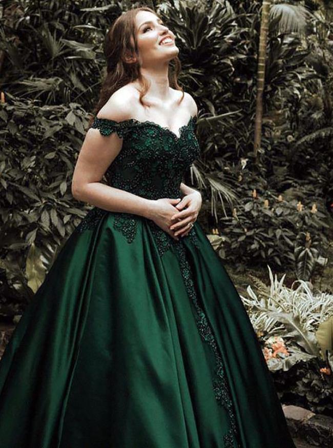 Dark Green Off The Shoulder Satin Prom Dresses Ball Gown Lace Applique –  Hoprom