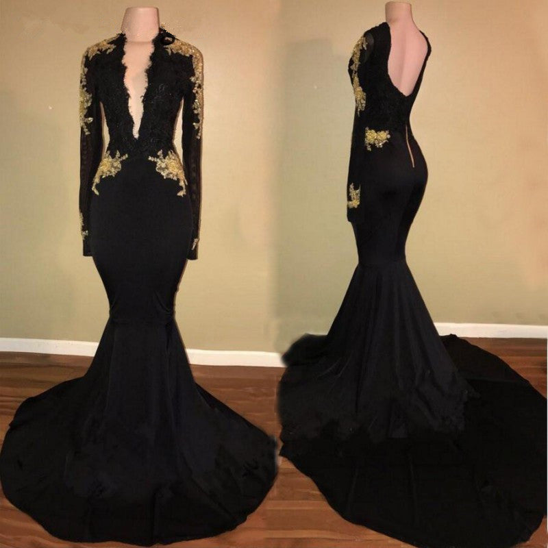 Mermaid Long Sleeves Deep V Neck Backless Prom Dresses Black Lace Beaded Evening Dress