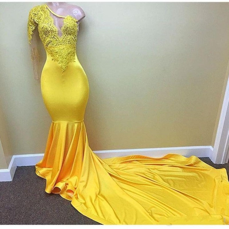 Mermaid Yellow One Shoulder Long Sleeve Prom Dresses with Lace Beaded Sheath Evening Dress