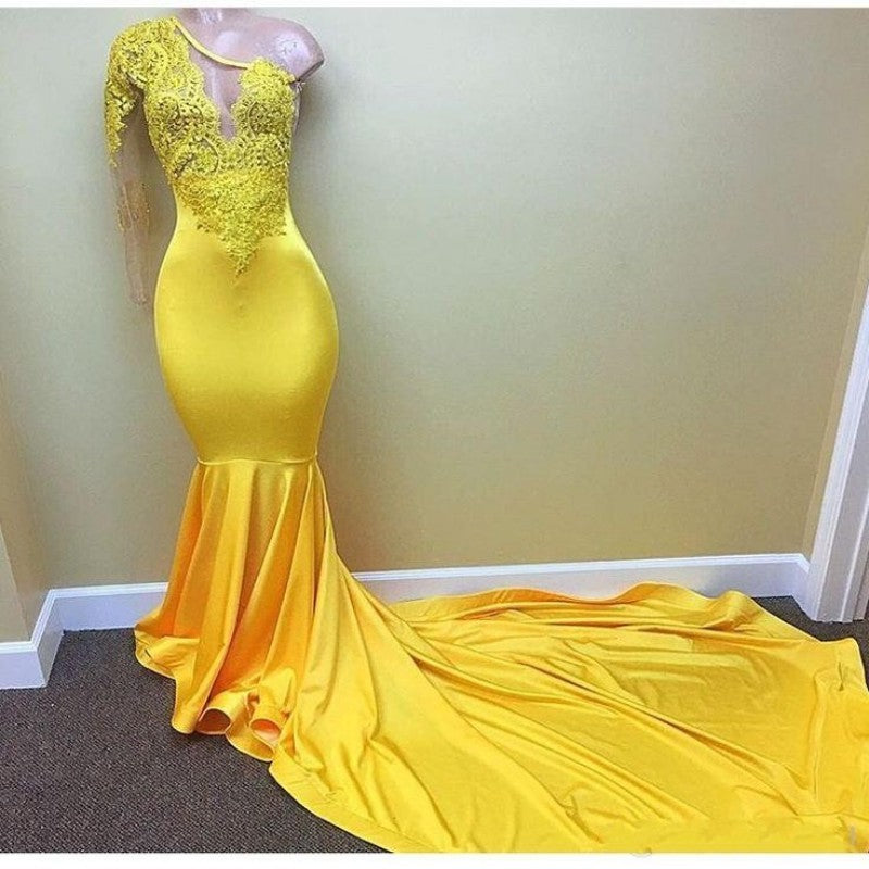 Mermaid Yellow One Shoulder Long Sleeve Prom Dresses with Lace Beaded Hoprom Mermaid Yellow One Shoulder Long Sleeve Prom Dresses with Lace Beaded Hoprom