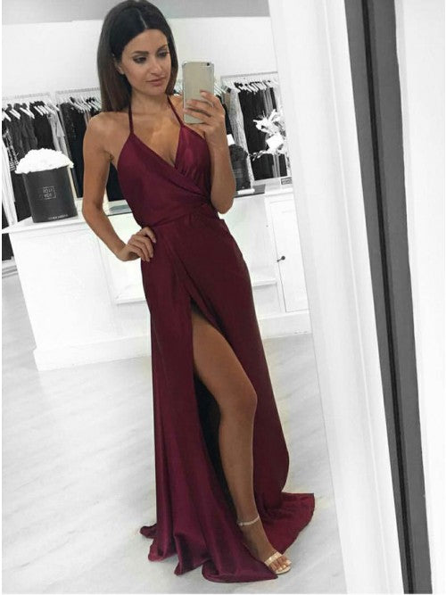 Burgundy Halter Stain High Side Slit Prom Dresses V Neckline Evening Dresses