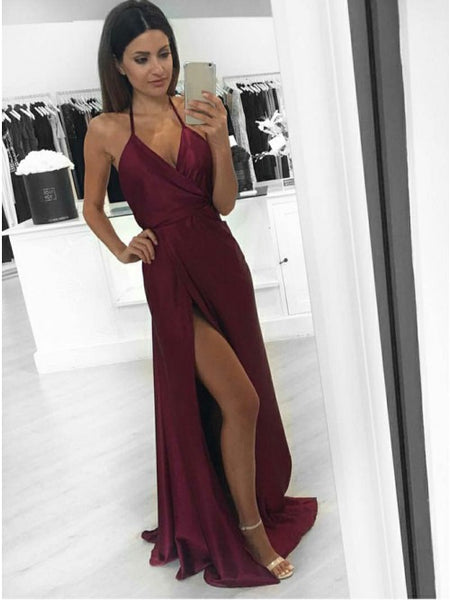 Burgundy Halter Stain High Side Slit Prom Dresses V Neckline Evening Dresses