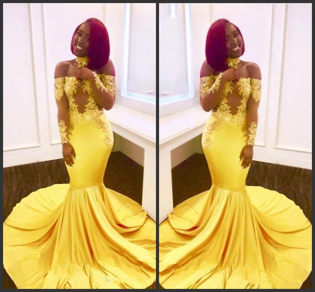 Mermaid Yellow Long Sleeves Lace Prom Dresses Off the Shoulder Evening Hoprom