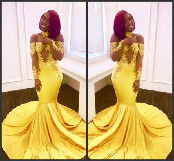 Mermaid Yellow Long Sleeves Lace Prom Dresses Off the Shoulder Evening Dresses Online