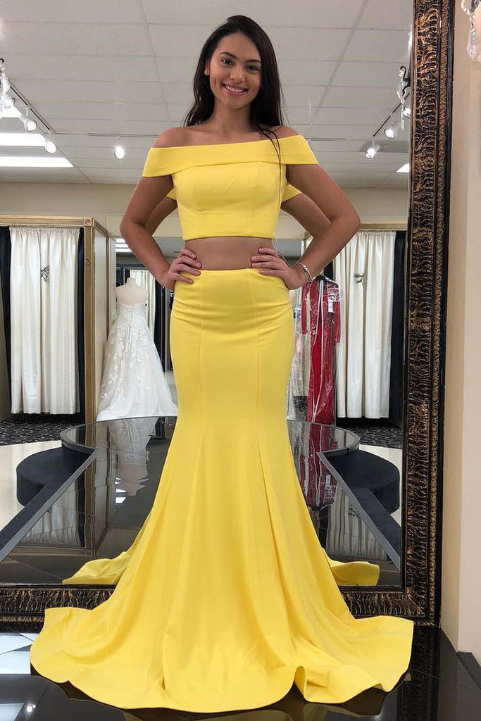 Two Piece Off the Shoulder Mermaid Yellow Prom Dresses Bodycon Stain Evening Dresses Prom