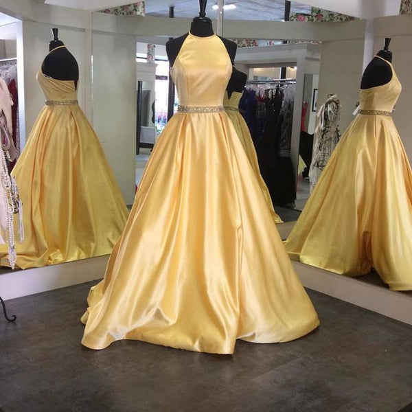 Stain Halter Gold Yellow Long Prom Dresses With Beads Best Prom Dresses