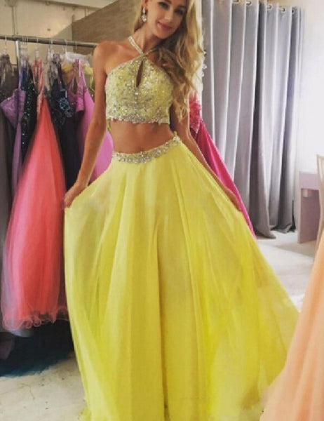 Yellow Halter Two Piece Tulle Beads Glitter Prom Dresses Evening Dresses Prom Gown