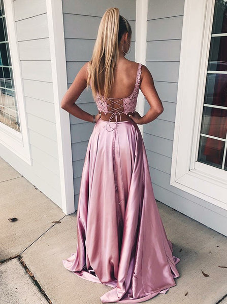 Two Piece Pink Slit Square Lace Long Prom Dresses with Lace Pockets Stain Evening Dresses