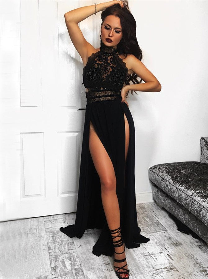 High Neck Halter Two Side Slit Lace Prom Dresses Floor Length Black Ev Hoprom High Neck Halter Two Side Slit Lace Prom Dresses Floor Length Black Ev Hoprom