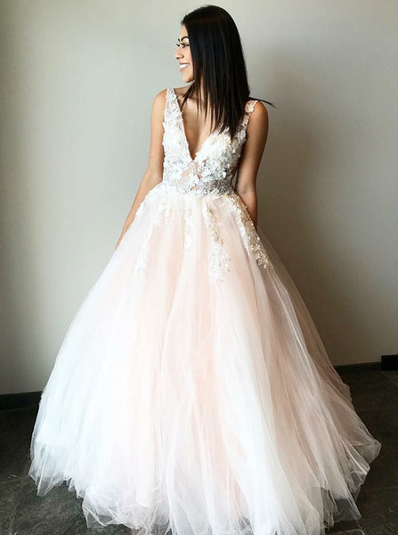 Pearl Pink V Neck Floor Length Prom Dresses Appliques Tulle 3D Flowers Evening Dresses