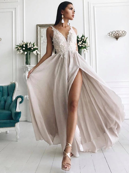 Light Champagne V Neck Floor Length Appliques Prom Dresses with Split Evening Dresses