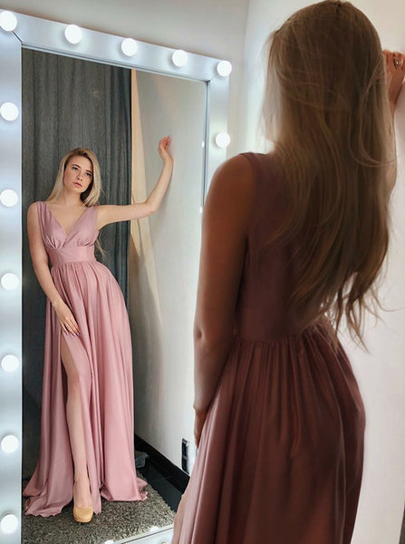 Stain V Neck Prom Dresses With Pleats Split Pink Simple Evening Dresses Online
