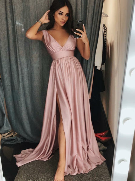 Stain V Neck Prom Dresses With Pleats Split Pink Simple Evening Dresses Online