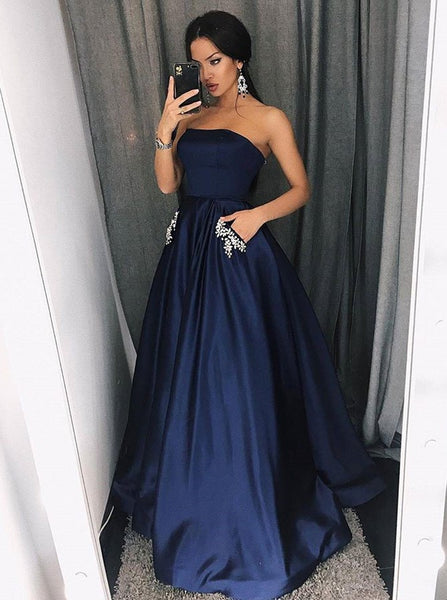 Dark Blue Strapless Floor Length Prom Dress with Pockets Beading Evening Dresses Prom