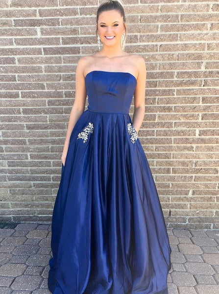 Dark Blue Strapless Floor Length Prom Dress with Pockets Beading Evening Dresses Prom