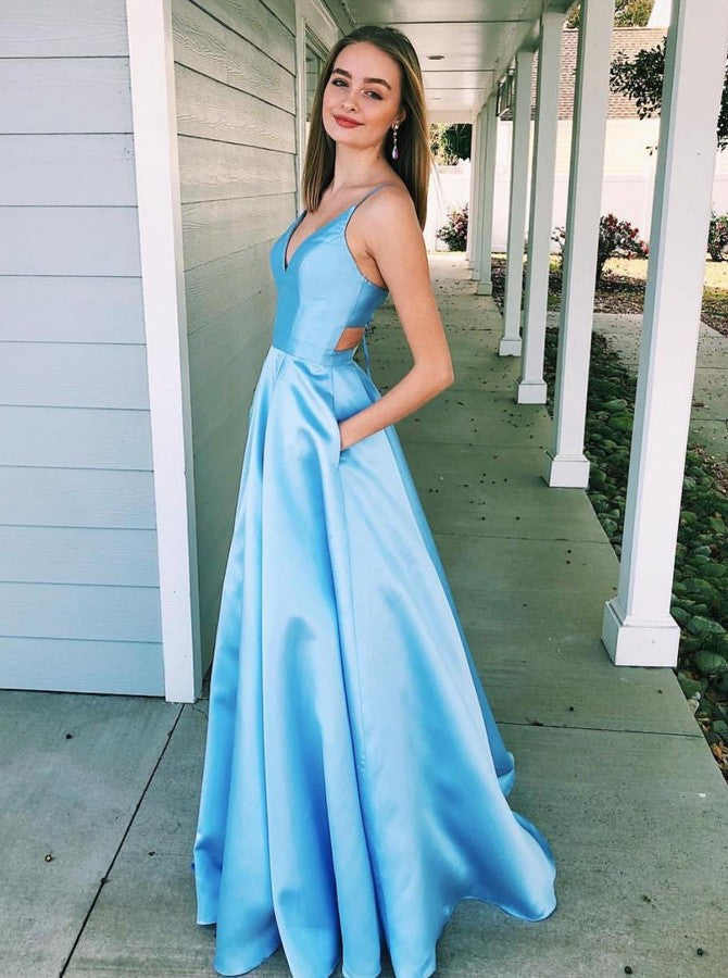 V Neck Floor Length Light Sky Blue Cut Out Prom Dresses with Pockets S Hoprom V Neck Floor Length Light Sky Blue Cut Out Prom Dresses with Pockets S Hoprom