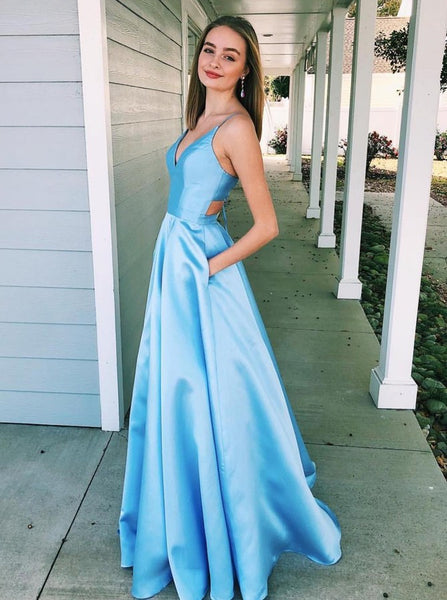 V Neck Floor Length Light Sky Blue Cut Out Prom Dresses with Pockets Stain Evening Dresses