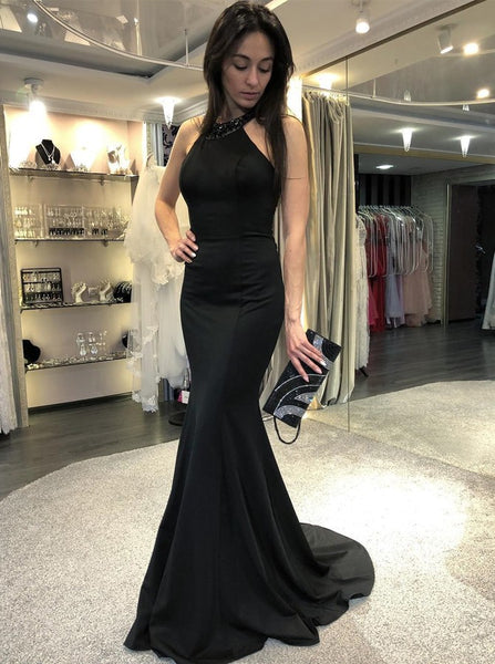 Black Mermaid Open Back Long Prom Dresses Beaded Elegant Evening Dresses