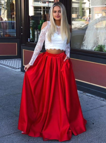 Two Piece Long Sleeves Lace Long Prom Dresses Red with Pockets Evening Dresses