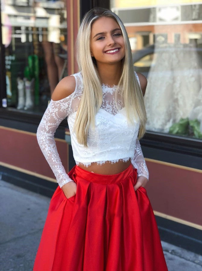 Two Piece Long Sleeves Lace Long Prom Dresses Red with Pockets Evening Hoprom Two Piece Long Sleeves Lace Long Prom Dresses Red with Pockets Evening Hoprom