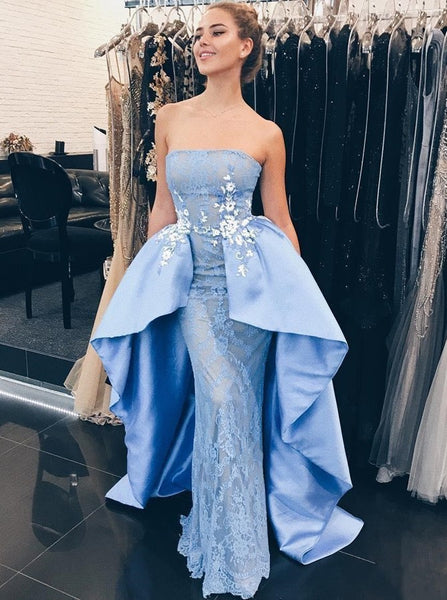 Sweep Train Blue Mermaid Strapless Lace Prom Dresses with Appliques Floor Length Evening Dresses