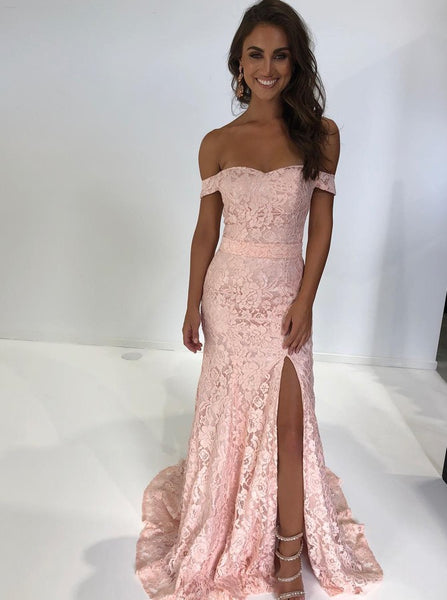 Mermaid Off the Shoulder Long Prom Dresses Pink Lace Evening Dresses with Split