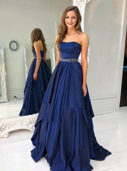 Dark Blue Floor Length Prom Dresses Strapless Stain Evening Dress With Beadings