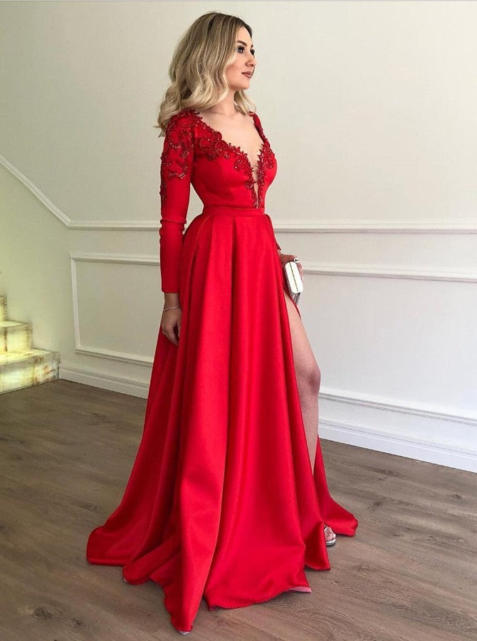 Red V Neck Modest Prom Dresses with Split Long Beaded Evening Dress Long Sleeves