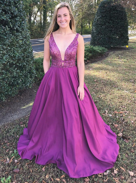Deep V Neck Glitter Purple Prom Dresses With Beading Stain Evening Dresses