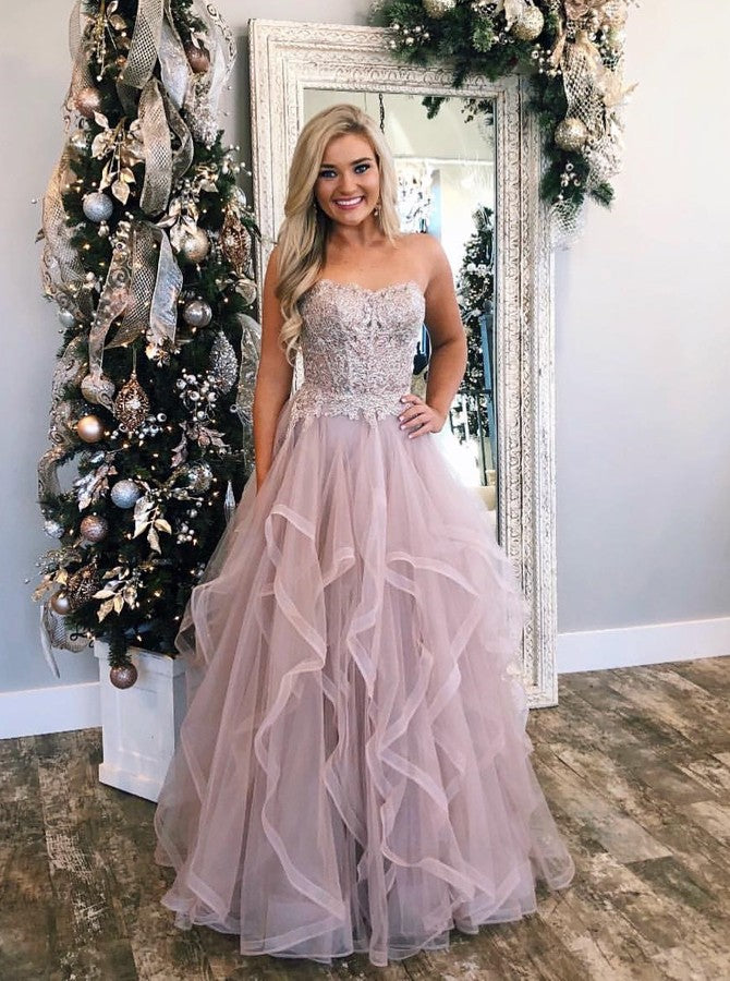 Strapless Floor Length Glitter Prom Dresses Tulle Evening Dresses For