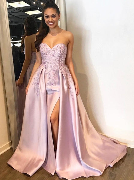 Pink Strapless Stain Long Appliques Prom Dresses With Beading Side Slit Evening Dresses