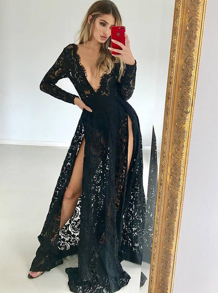 Black Lace Deep V Neck Long Sleeves Prom Dresses with Split Floor Length Evening Dresses