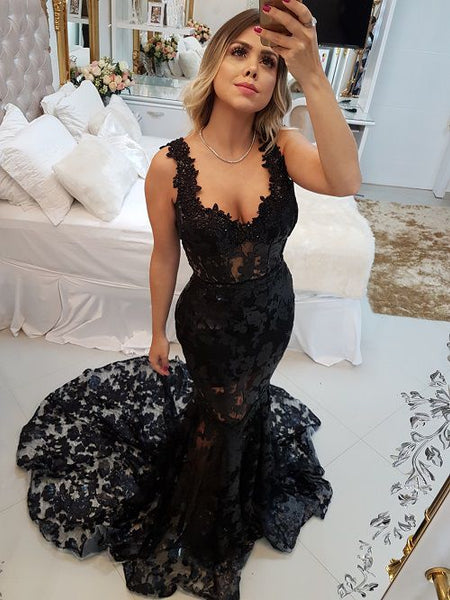 Mermaid Sheath V Neck Black Prom Dresses See Through Evening Dresses Sale