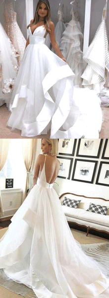 White V Neck Tulle Long Evening Dresses Backless Affordable Prom Dresses