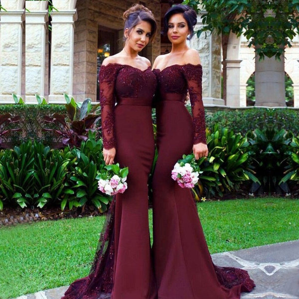 Cheap Mermaid Lace Long Burgundy Prom Dresses Long Sleeve Tight Evening Dresses