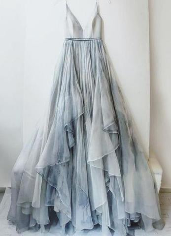 Spaghetti Straps V Neck Simple Prom Dresses Long Tulle Evening Dresses
